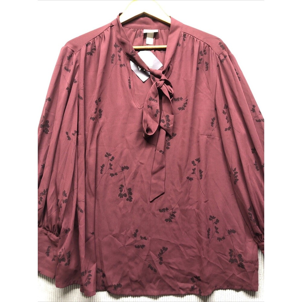 Ava & Viv Women Blouse 2X Burgundy Black Leaf Print Tie Bow Dark Academia Boho